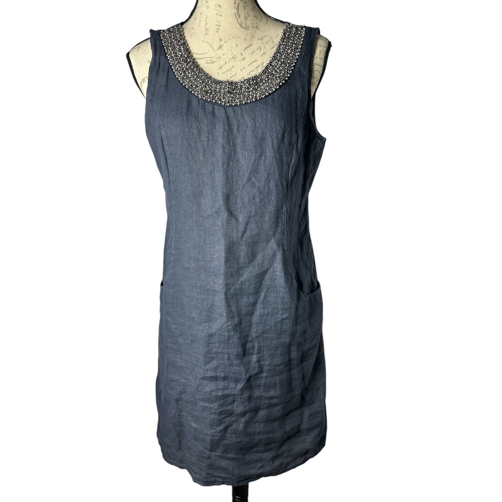 Lina Tomei 100% Linen Beaded Short Pocketed Tank Dress Blue Size M Stretch